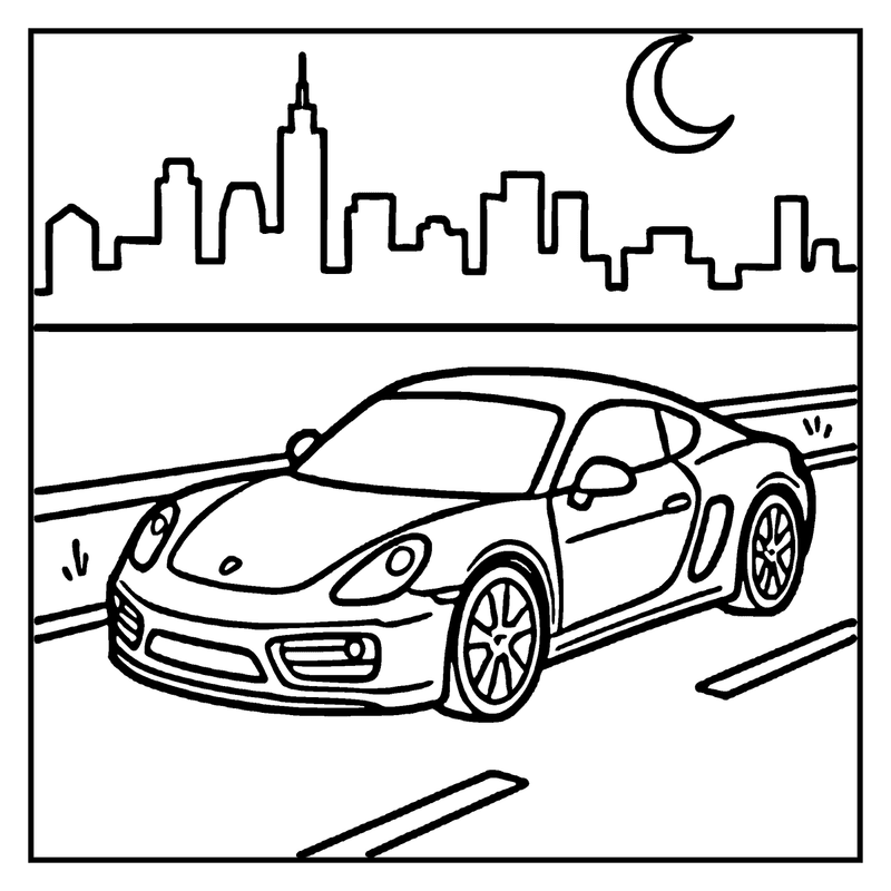 A sports car speeds down a road at night, with a city skyline and a crescent moon in the sky, a car coloring page