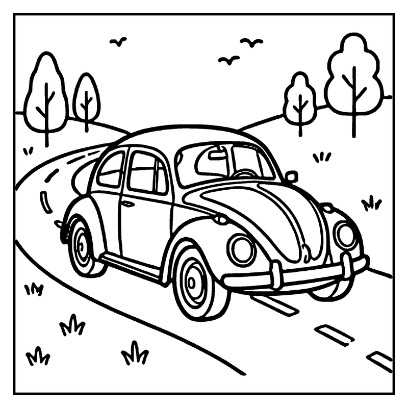 A vintage car drives down a road, surrounded by trees and birds flying overhead, a car coloring page