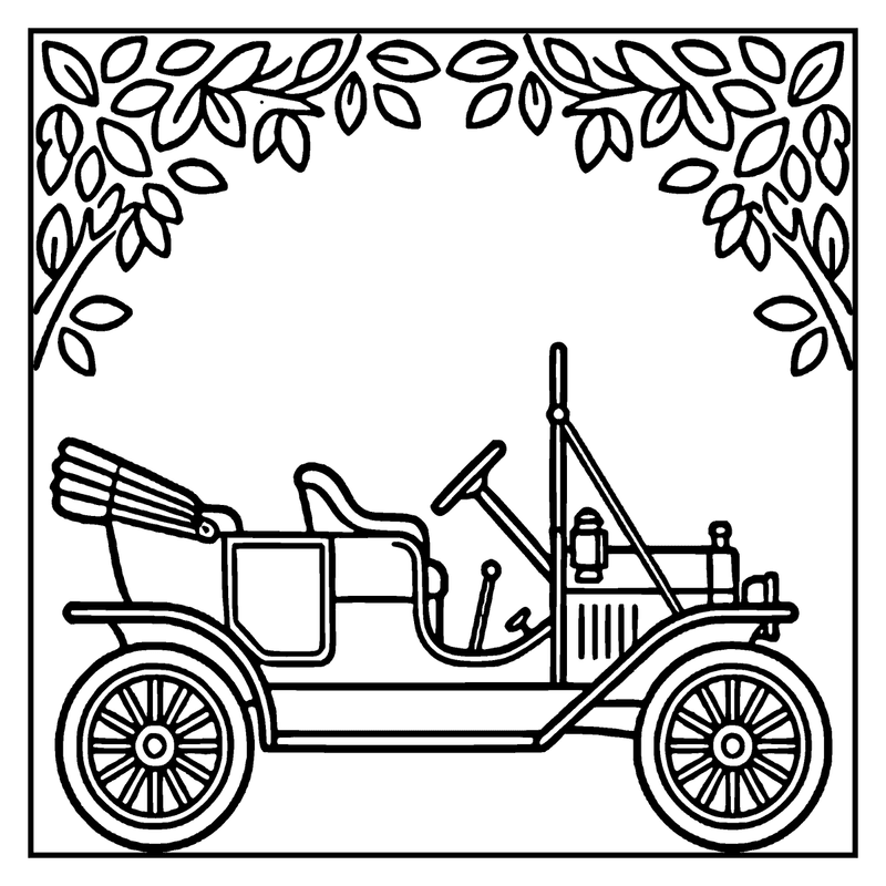 A vintage car is parked under a leafy wreath, ready for coloring, a car coloring page
