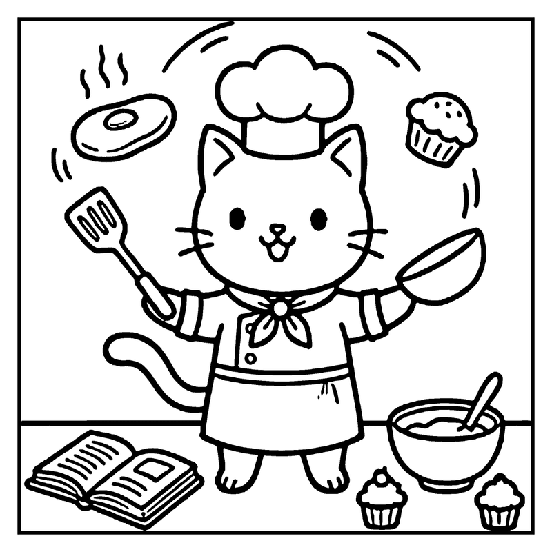 A cat chef juggling donuts and cupcakes while holding a spatula and a bowl, with a cookbook and cupcakes on the table