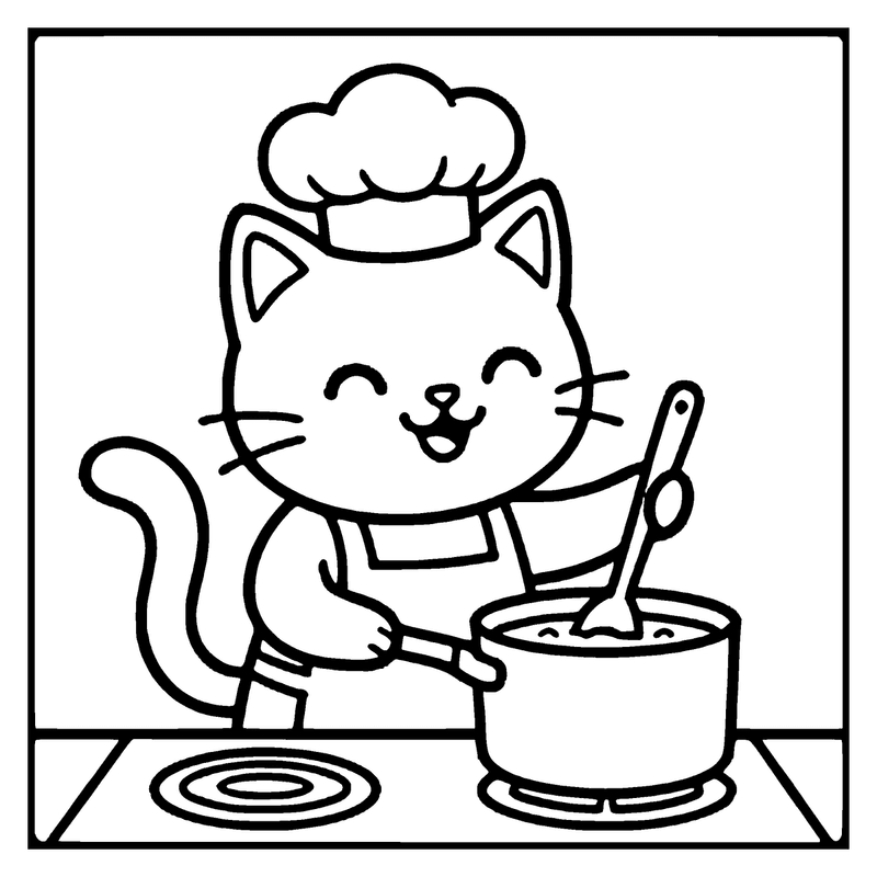 A cat chef wearing an apron and a chef's hat is stirring a pot on a stove