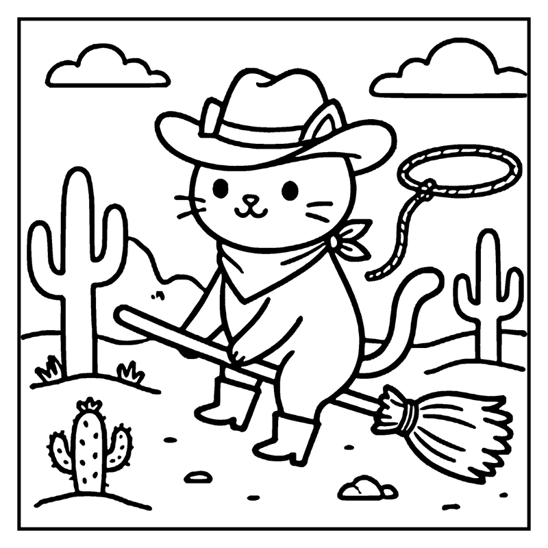 A cat dressed as a cowboy is holding a lasso and a shovel in a desert setting with cacti and clouds