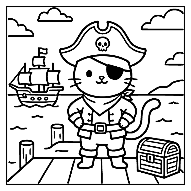 A cat dressed as a pirate stands on a dock, next to a treasure chest and a ship, with a skull and crossbones hat and an eye patch