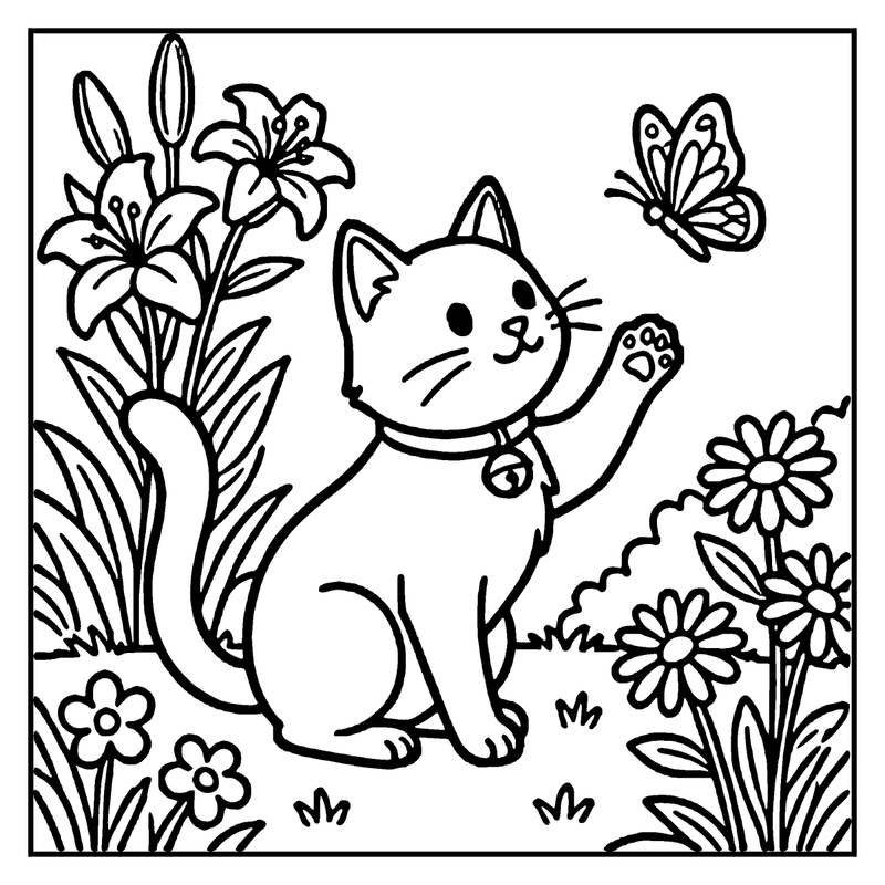 A cat in a garden reaches out to a butterfly, surrounded by flowers and leaves