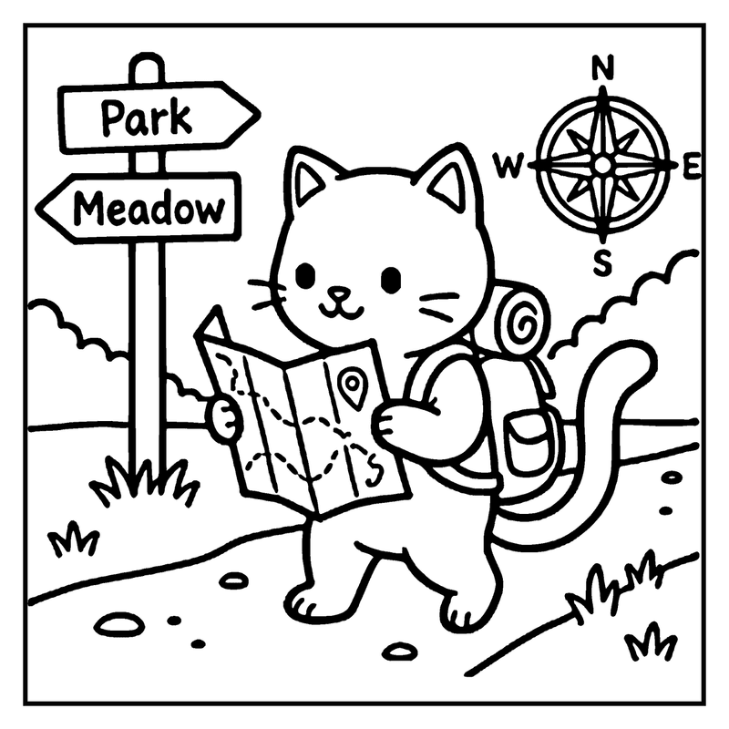 A cat is holding a map and looking at a compass, standing next to a sign pointing to the Park and Meadow