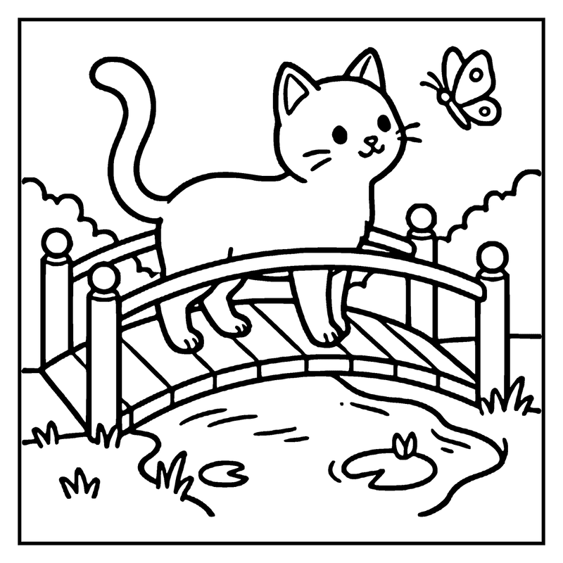 A cat is jumping over a wooden bridge, chasing a butterfly in a garden