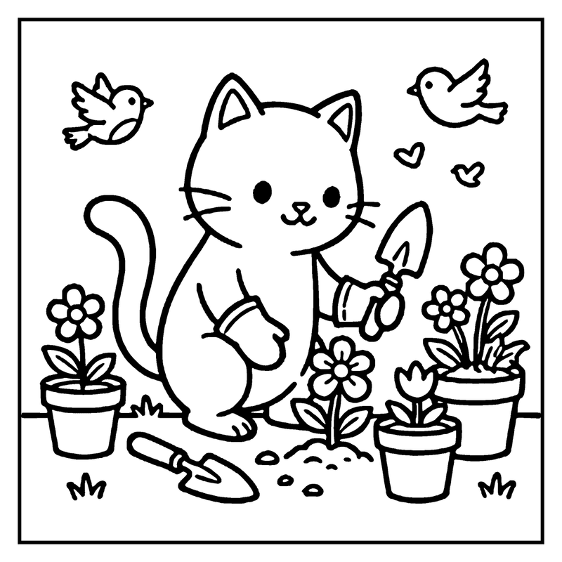 A cat is planting flowers in a garden with birds flying around