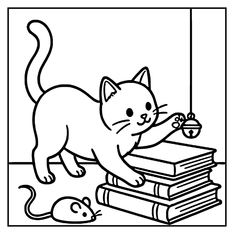 A cat is playing with a bell on top of books, while a mouse watches below