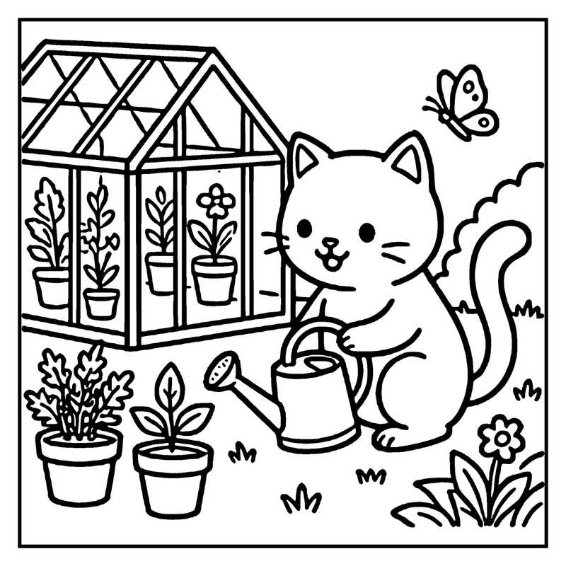 A cat is watering plants in a garden with a butterfly nearby