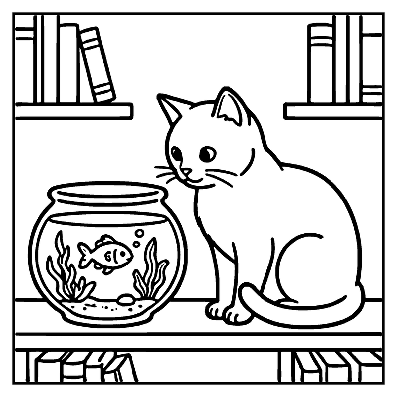 A cat sits by a fishbowl, observing a goldfish swimming inside