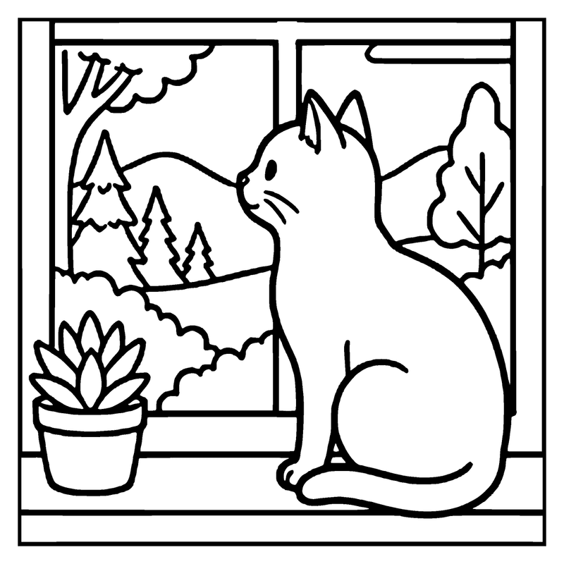 A cat sits by a window, looking out at a forest with trees and mountains