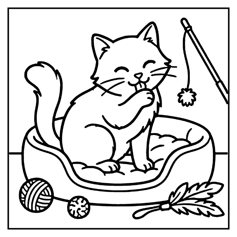 A cat sits in a cat bed, playing with a wand toy and a yarn ball