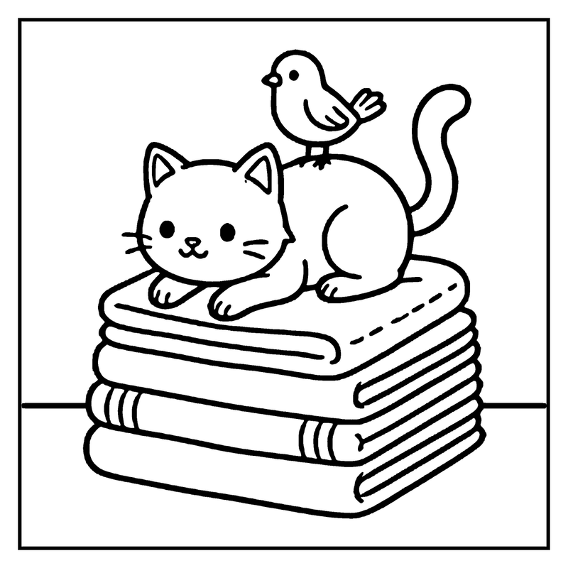 A cat sits on a stack of books with a bird perched on its back