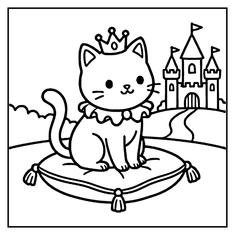 A cat wearing a crown and a dress sits on a pillow in front of a castle