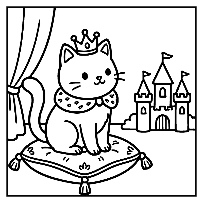 A cat wearing a crown sits on a pillow, with a castle and flags in the background
