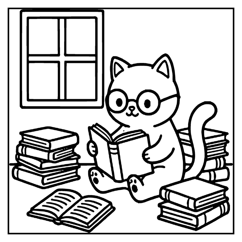 A cat wearing glasses is reading a book in a cozy room with a window and stacks of books