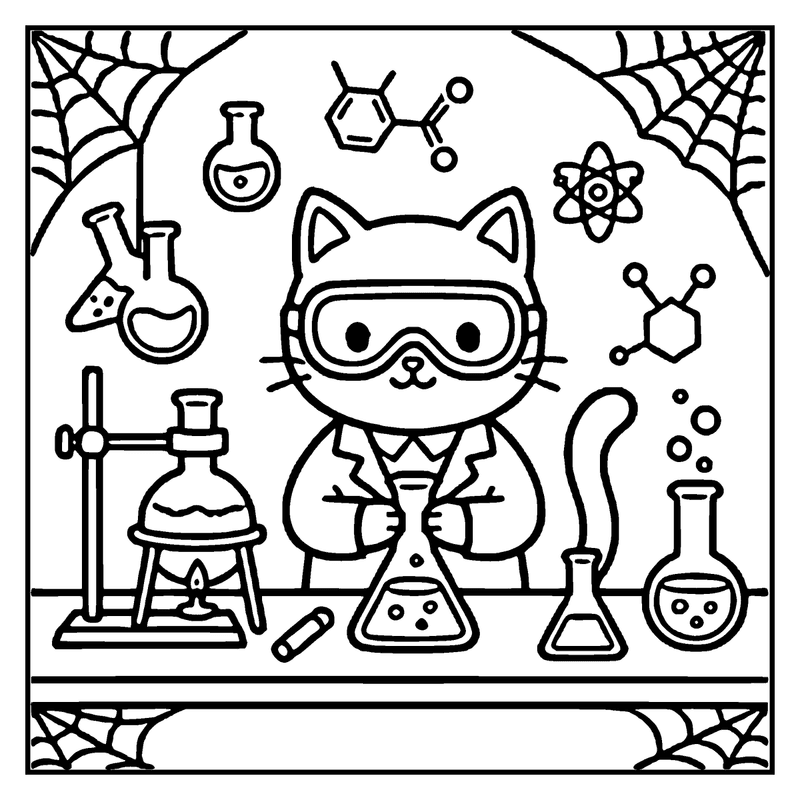 A cat wearing goggles and a lab coat is conducting a science experiment in a laboratory setting