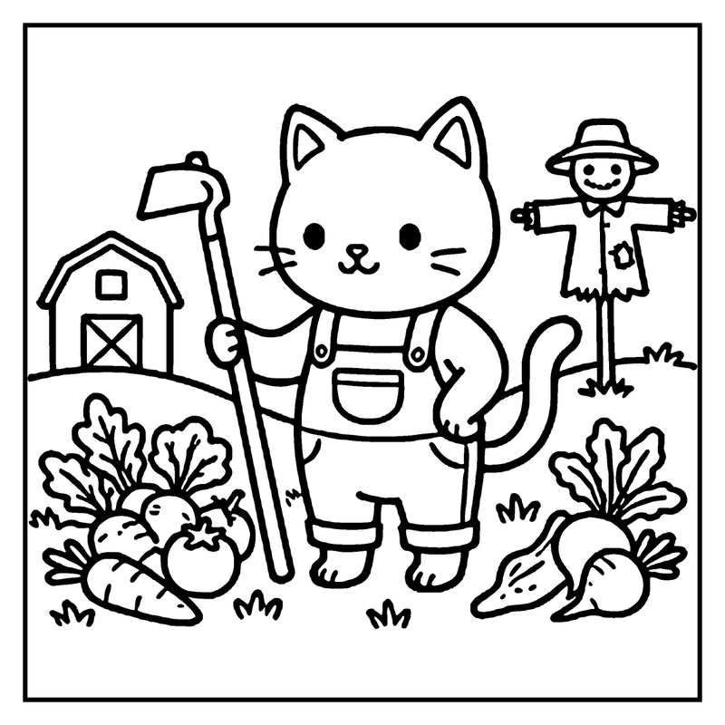 A cat wearing overalls stands in a garden, holding a rake, with a barn and a scarecrow in the background