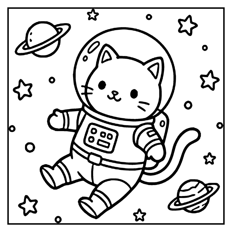 A cute cat astronaut is floating in space, surrounded by stars and planets