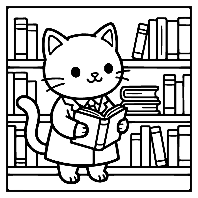 A cute cat in a coat is reading a book in a library setting with bookshelves