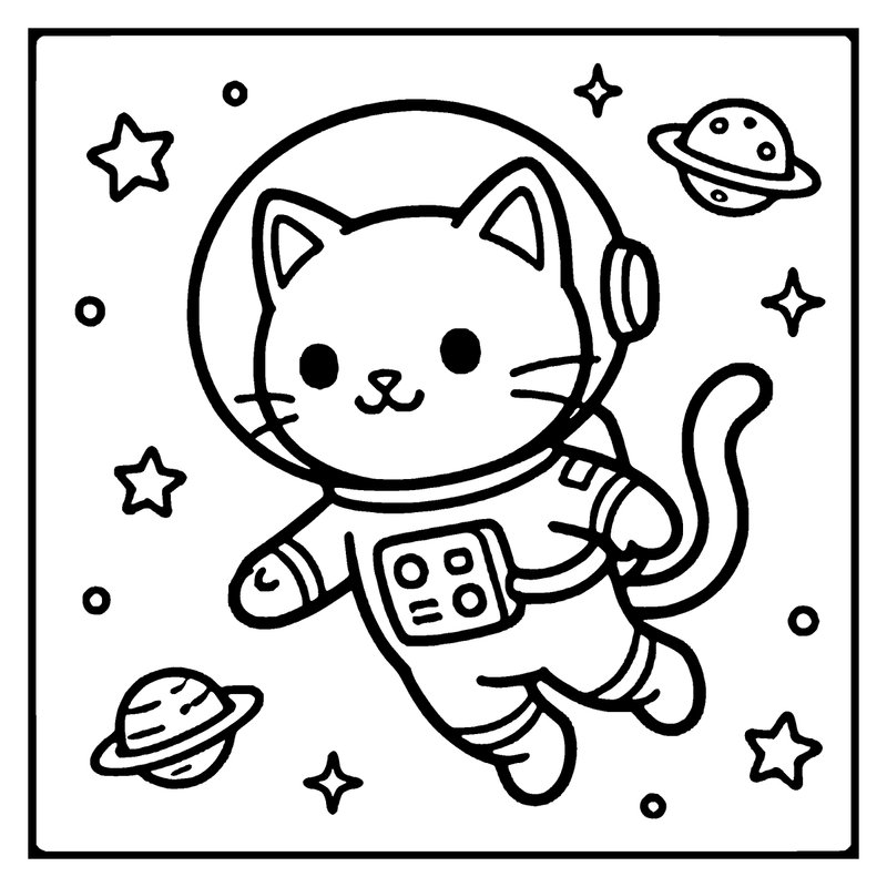 A cute cat in an astronaut suit floats in space, surrounded by stars and planets