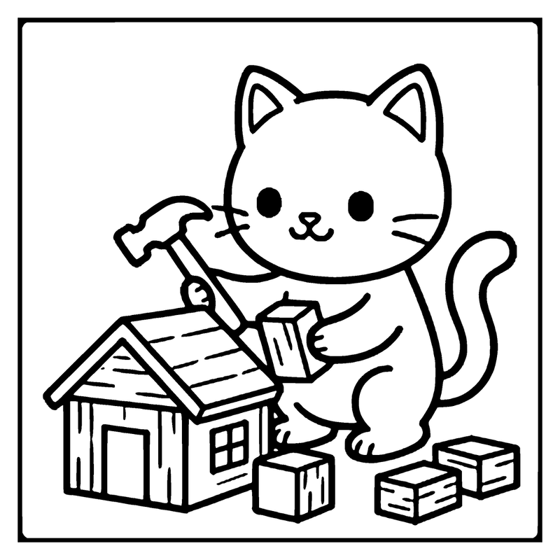 A cute cat is building a small wooden house with a hammer and blocks