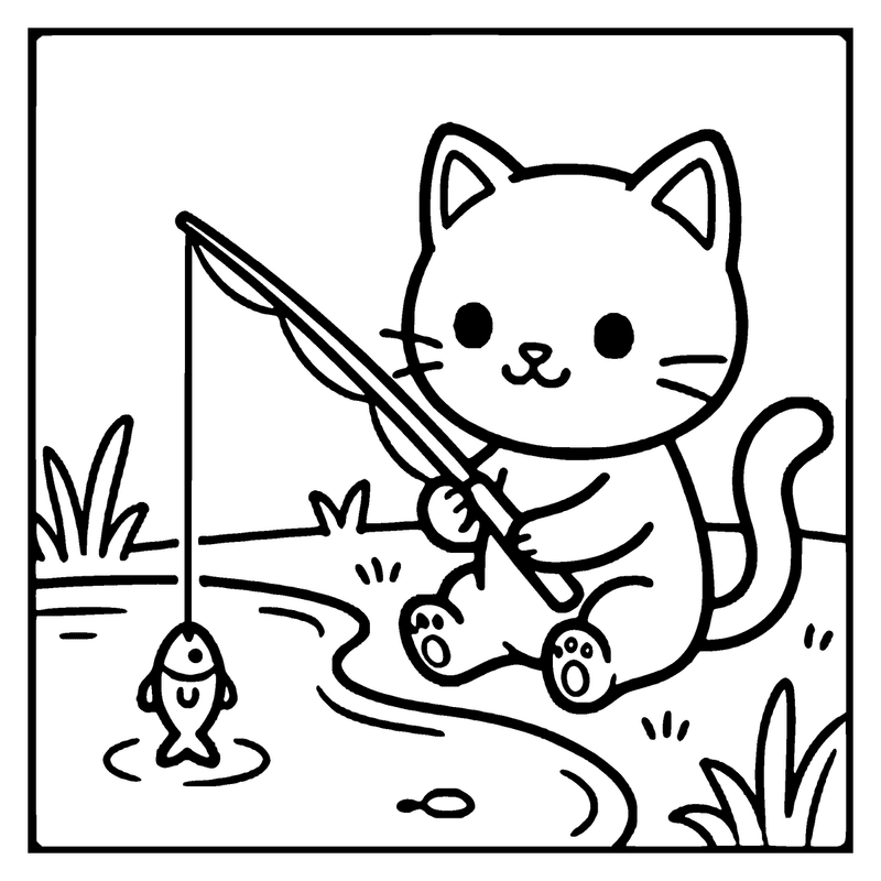 A cute cat is fishing in a pond, holding a fishing rod and looking at a small fish