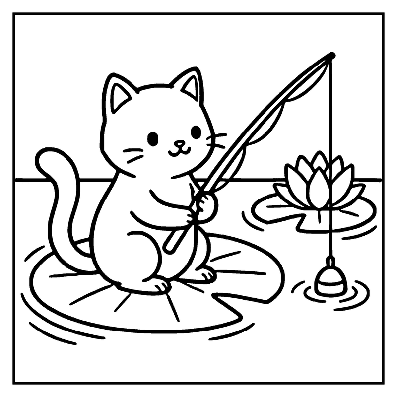 A cute cat is fishing in a pond with a lily pad nearby