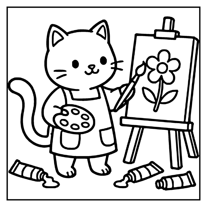 A cute cat is painting a flower on an easel, surrounded by spilled paint tubes
