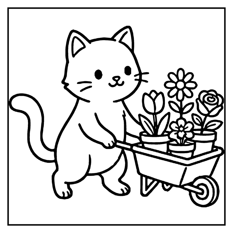 A cute cat is pushing a wheelbarrow full of flowers
