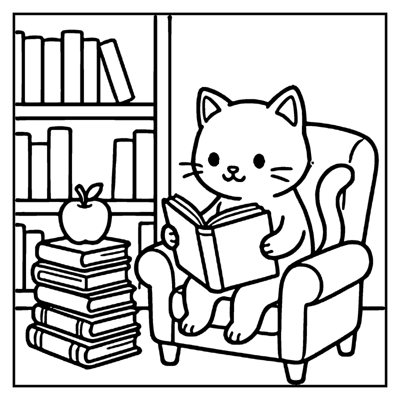 A cute cat is sitting in a chair, reading a book, with a stack of books and an apple nearby