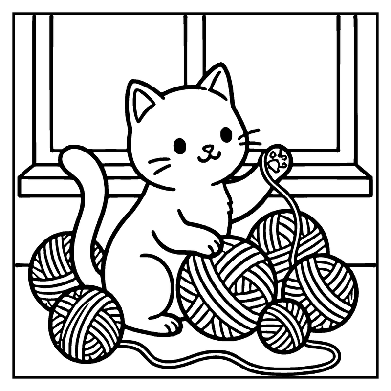 A cute cat is sitting on a windowsill, playing with colorful yarn balls