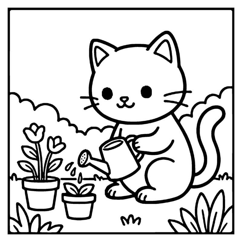 A cute cat is watering a small plant in a garden setting