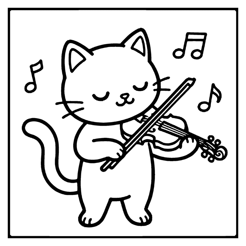 A cute cat playing the violin, with musical notes floating around, in a simple black and white drawing