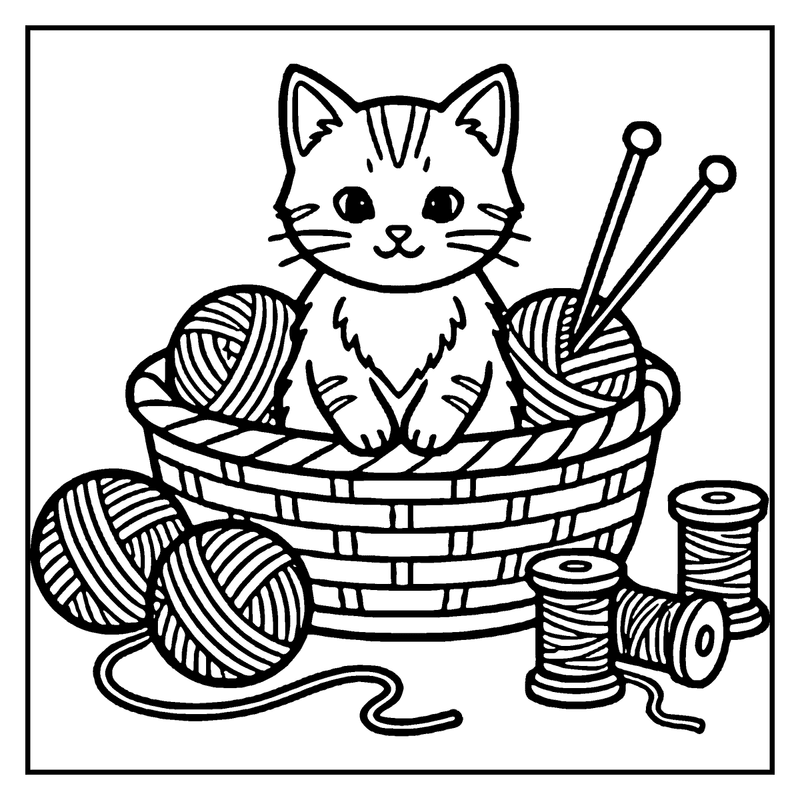 A cute cat sits in a basket with yarn and knitting needles, surrounded by more yarn