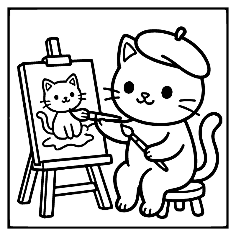A cute cat wearing a beret is painting a picture of itself on an easel