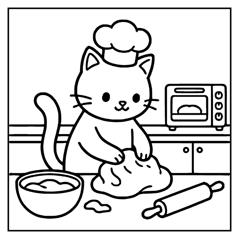 A cute cat wearing a chef's hat is kneading dough in a kitchen with a bowl of flour and a rolling pin nearby