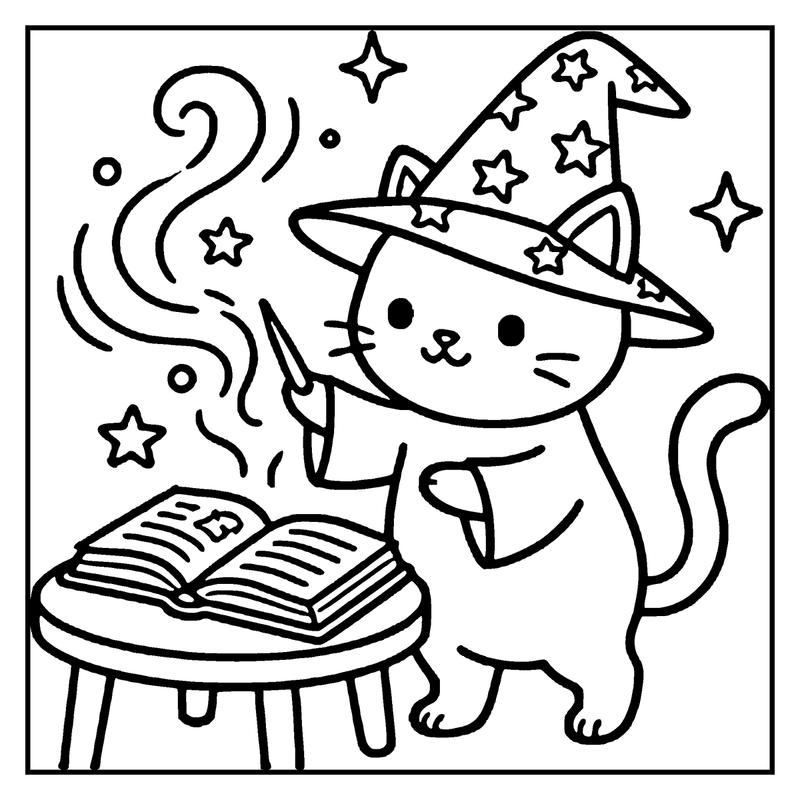 A cute cat wearing a witch hat is casting a spell from a magic book