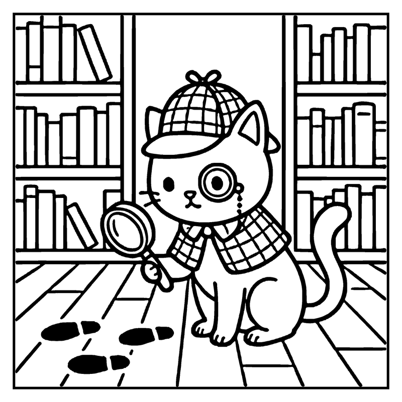 A detective cat wearing a hat and scarf is investigating footprints in a library with bookshelves
