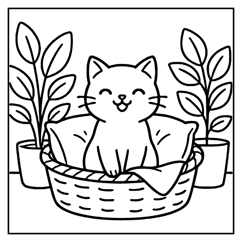 A happy cat sits in a basket surrounded by two leafy plants