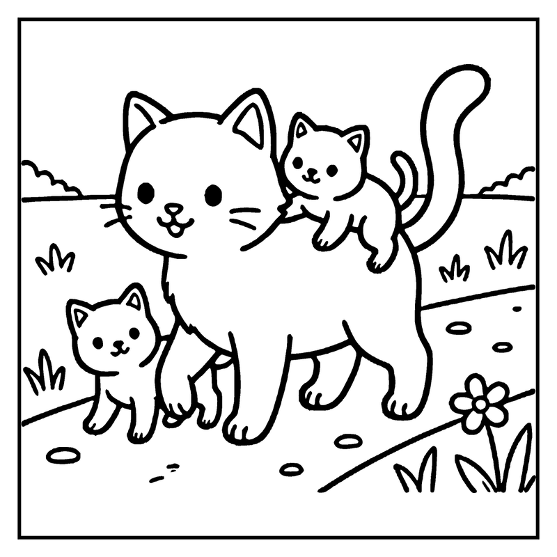 A mother cat and her two kittens are playing in a grassy field with a flower
