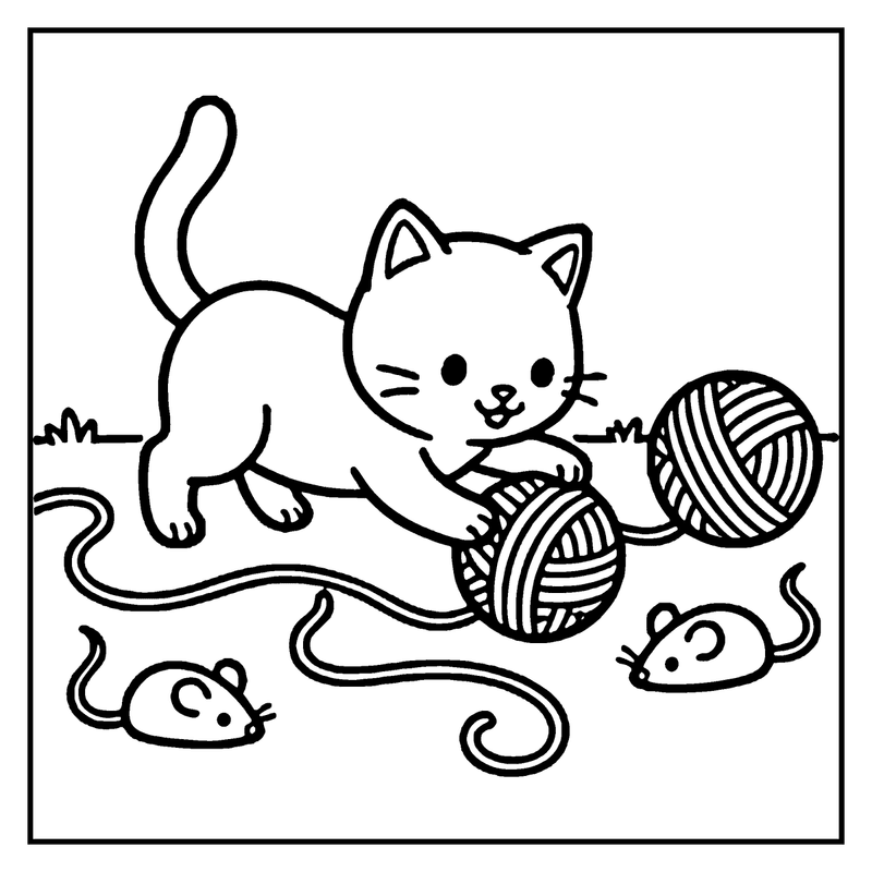 A playful cat is chasing two mice and a yarn ball in a grassy field