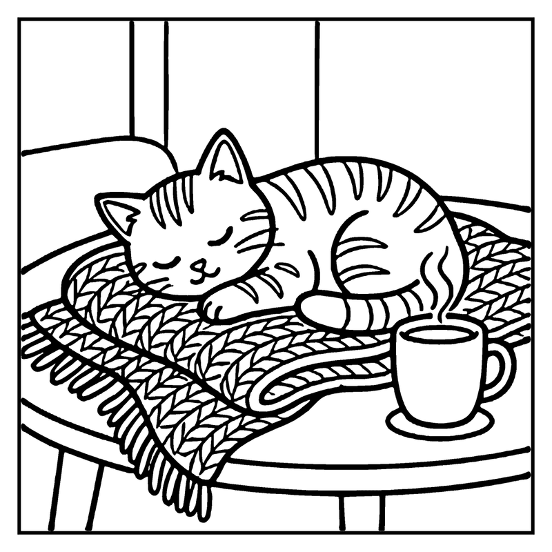A sleeping cat is curled up on a cozy blanket with a steaming mug nearby