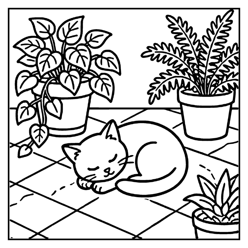 A sleeping cat lies on a tiled floor, surrounded by three potted plants