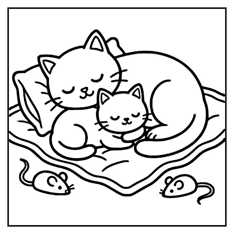 Two cats are sleeping on a pillow, surrounded by two small mice