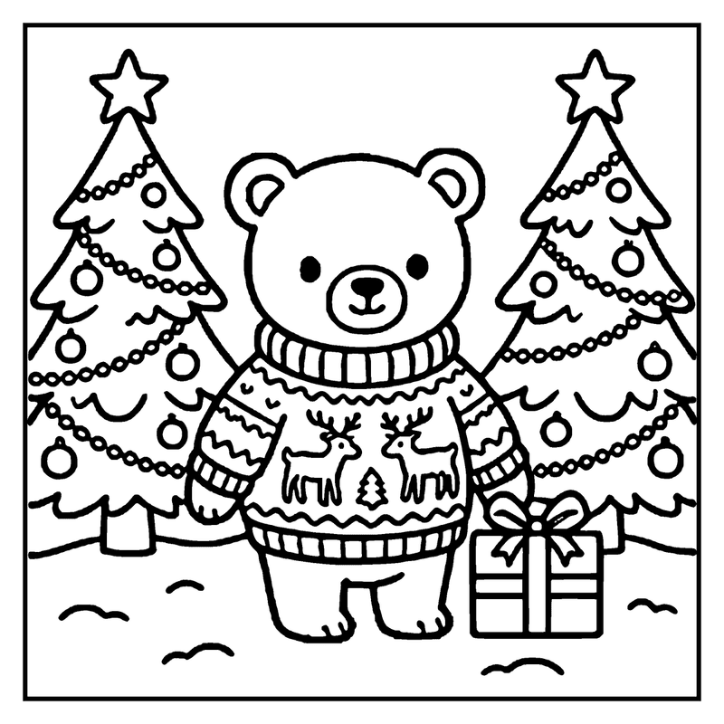 A bear in a festive sweater stands between two Christmas trees, holding a gift box