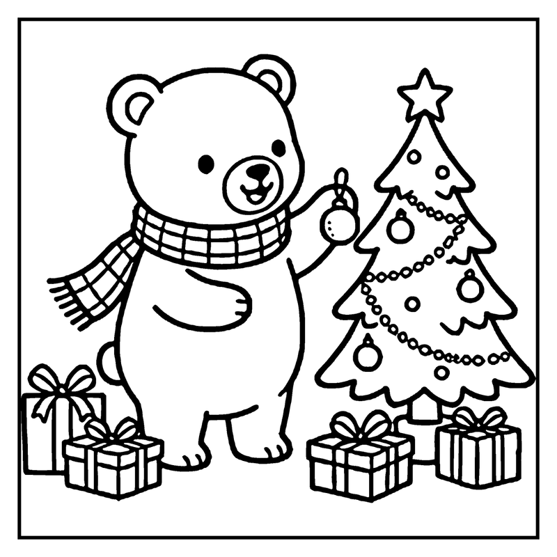 A bear wearing a scarf is decorating a Christmas tree with ornaments