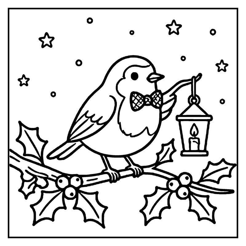 A bird wearing a bow tie is holding a lantern on a holly branch, a christmas coloring page