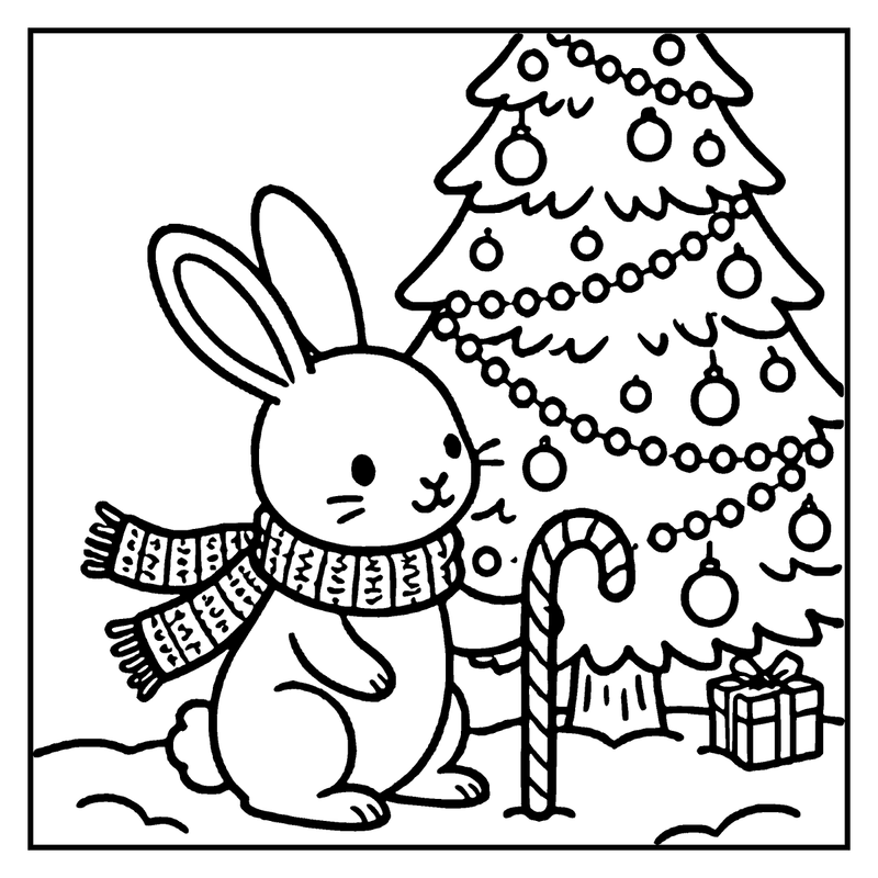 A bunny wearing a scarf is standing next to a Christmas tree, holding a candy cane, and there's a present under the tree