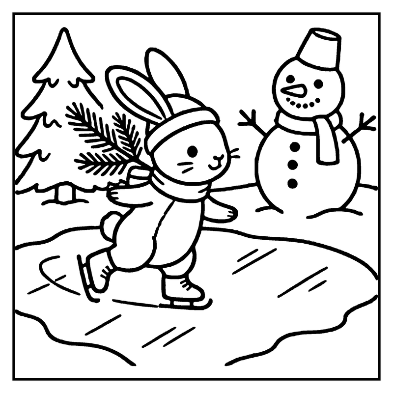 A bunny wearing ice skates is skating near a snowman and a pine tree, a christmas coloring page